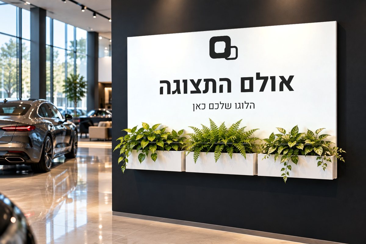 שלט רחב על קיר שחור באולם תצוגה לרכב