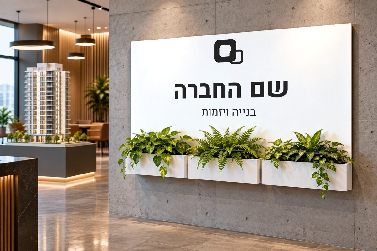 שלט רחב עם שם חברת בנייה על קיר בטון, ליד דגם של מגדל