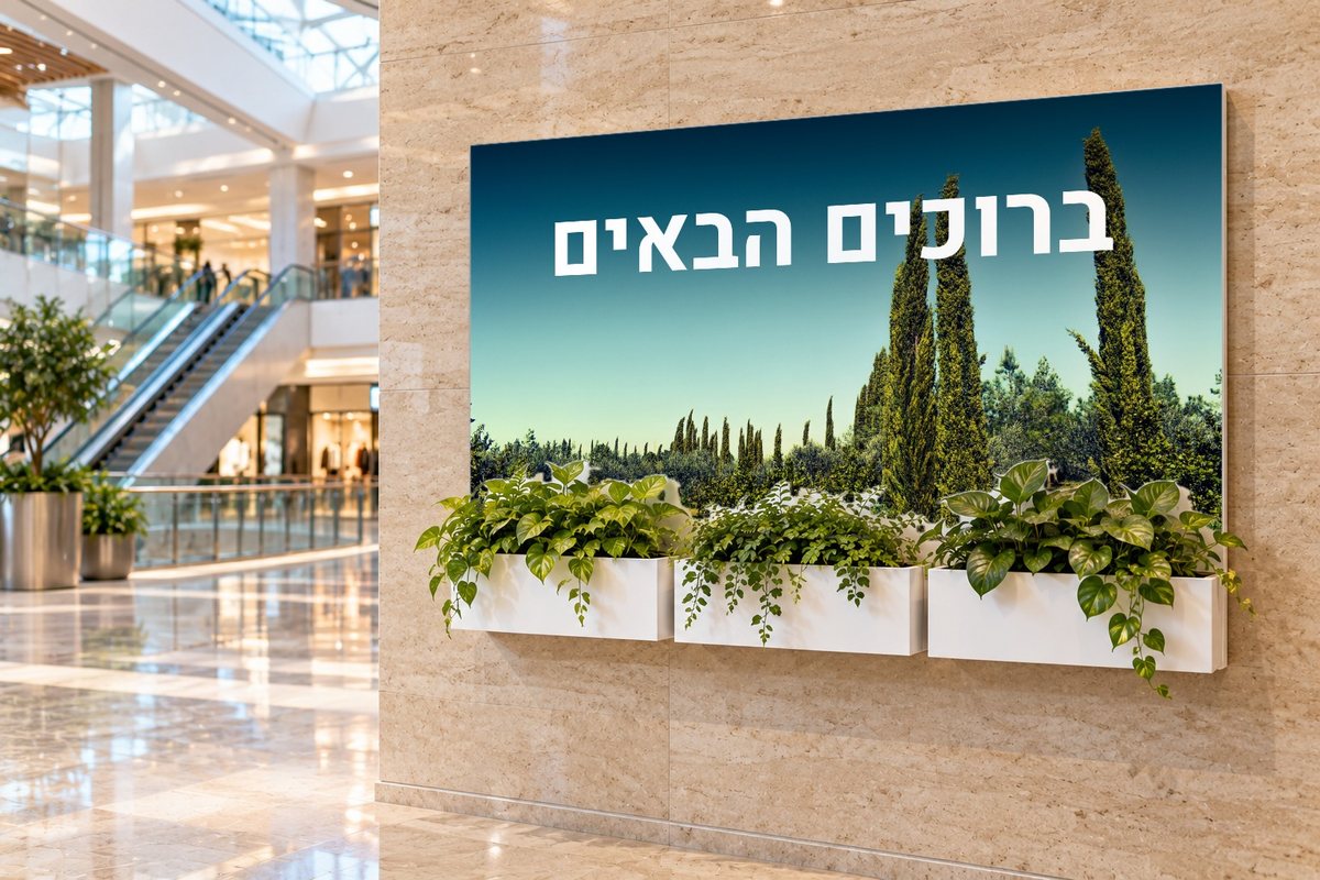 שלט רחב עם תמונת נוף וברוכים הבאים, על קיר אבן בקניון