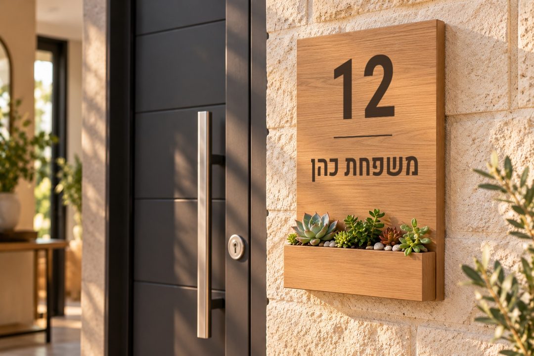שלט בגוון אלון עם מספר בית ושם משפחה ואדנית סוקולנטים