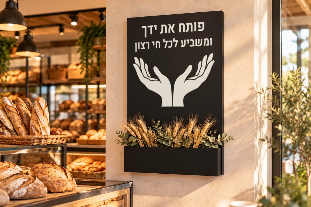 שלט שחור עם פותח את ידך, איור ידיים ואדנית שיבולים
