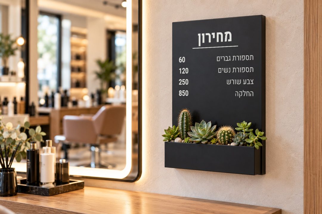 מחירון מספרה על שלט שחור עם אדנית קקטוסים